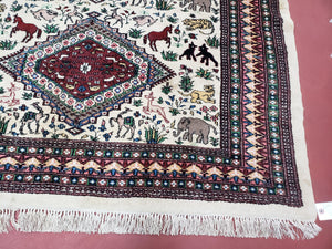 Vintage Indo Persian Area Rug 4.7 x 7.6, Wool Hand-Knotted Ivory Carpet, Animal Pictorials, Elephants Horses Lions, Indian Carpet, Unique