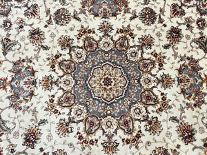 Sino Persian Square Rug 5x5, Very Fine Oriental Carpet, Wool & Silk Highlights, Ivory, Hand Knotted Handmade Vintage Traditional Rug