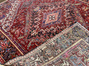 Persian Heriz Rug 9x11 ft, Geometric Rug 9 x 11, Red Room Sized Semi Antique Vintage Wool Hand Knotted Oriental Carpet