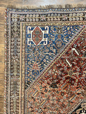 Antique Persian Shiraz Tribal Rug 6x8, Geometric Rug, Wool Handmade Hand Knotted Carpet, Red Blue