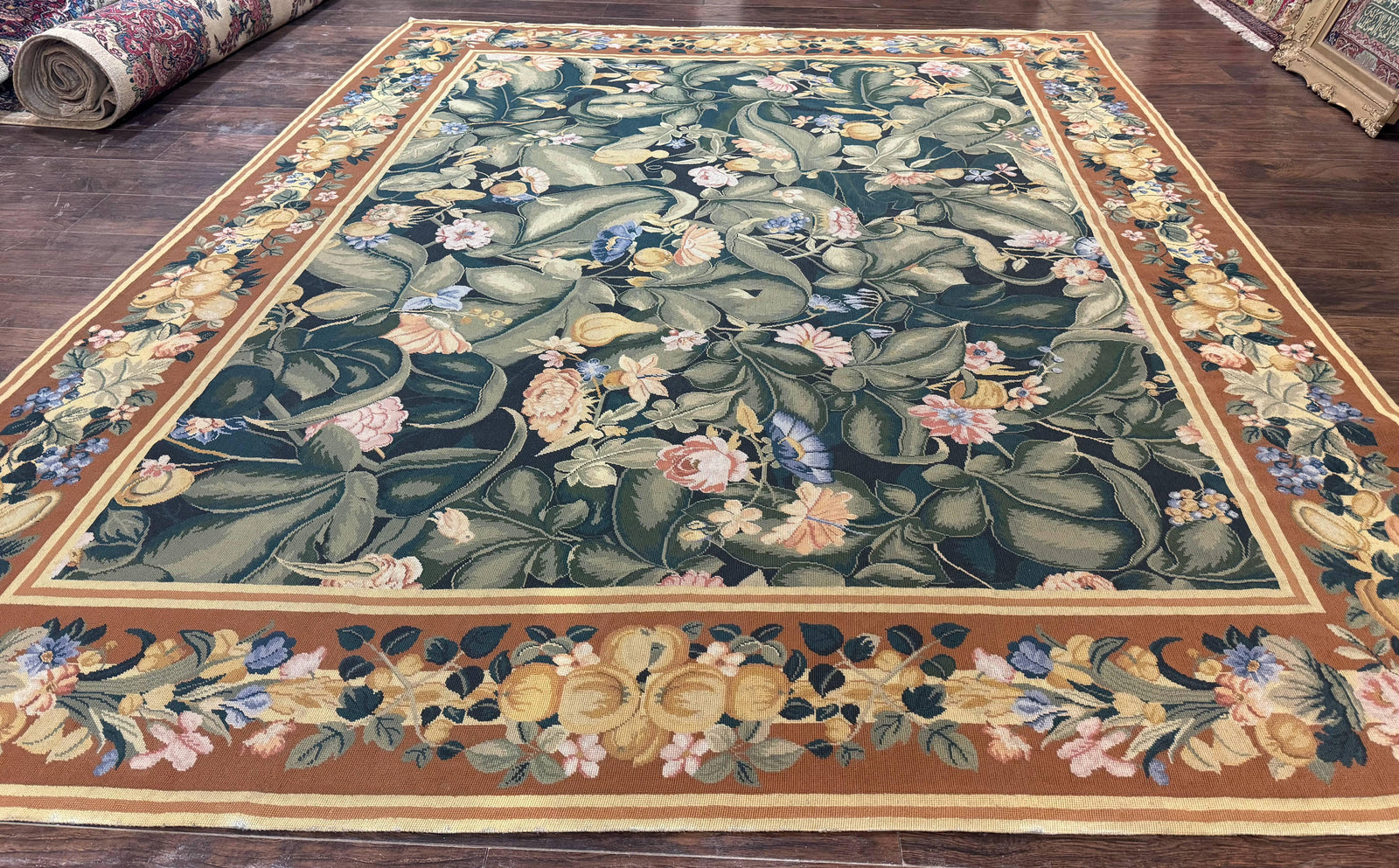 Needlepoint Rug 8x10, Vintage, Handmade, Wool, Green, Leaves & Fruits