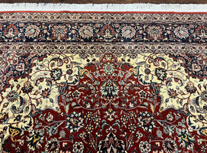 Fine Sino Persian Rug 7x10 ft, Floral Central Medallion Oriental Carpet, Red Navy Blue Cream, Hand Knotted Wool Traditional Vintage Rug