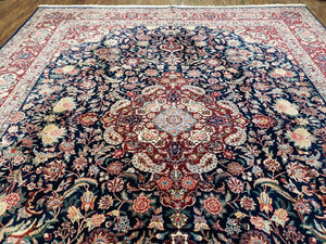 Vintage Dark Blue Persian Room Sized Rug 8x10, Wool & Silk Highlights Hand-Knotted Midnight Blue Red Floral Carpet, 8 x 10 Living Room Rug