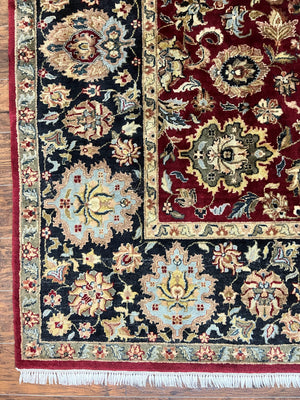 Indo Persian Rug 8x10, Wool Hand Knotted Vintage Carpet, Dark Red, Indian Mahal Rug, Agra Design, 8 x 10 Room Sized Oriental Rug