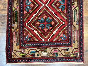 Persian Tribal Runner Rug 3x10, Red Camel Hair Navy Blue, Handmade Hand Knotted 10ft Wool Oriental Vintage Runner for Kitchen or Hallway, Persian Lilihan Hamadan Runner
