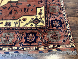 Afghan Heriz Rug 9x12, Tribal Geometric Serapi Carpet, Rust Cream and Navy, Wool on Wool
