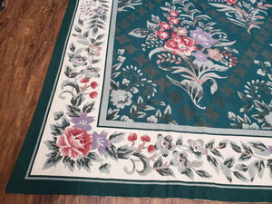 Chinese Needlepoint Rug 8x10, Vintage Green Area Rug, Hand-Woven Flatweave Floral European Design Carpet Wool Handmade 8x 10 Living Room Rug