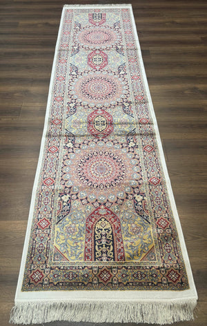 Turkish Silk Runner Rug 2.6 x 10, Dome Design, Hereke Runner, Bamboo Silk, New
