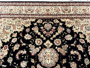 Sino Persian Rug 9x12, Black and Beige, Floral Medallion, Wool & Silk, Handmade