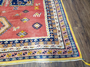 Vintage Moroccan Rug 6.6 x 9.8 ft, Tribal Bohemian Wool Hand-Knotted Carpet, 1950s Moroccan Rug, Salmon Red and Navy Blue, Room Sized Rug