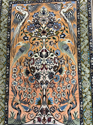 Very Fine Small Persian Isfahan Rug 2.6 x 4, Kork Wool on Silk Hand-Knotted Vintage Animal Pictorials Birds Vase, Signature Masterweaver, Orange