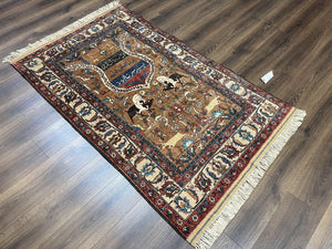 Unique Afghan Silk Rug 4x6, Hunting Pattern Animal Motifs, Light Brown and Cream, Persian Handwritten Poetry, Fine 1940s Oriental Carpet Wow