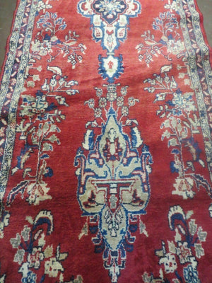 Persian Runner Rug 3 x 12, Antique Wool Oriental Runner, Floral Vases, Red & Navy Blue