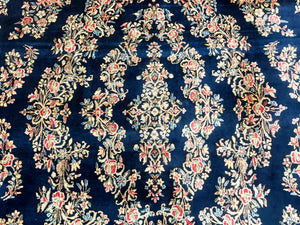 Antique Persian Kerman Rug 10x13, Navy Blue Floral Carpet, Fine 270 KPSI