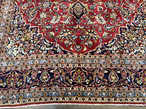 Persian Kashan Rug 9x12, Red Navy Blue, Allover Floral Medallion & Corner Design, Handmade Wool Oriental Carpet, Semi Antique Traditional Carpet