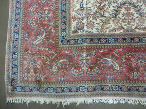 Persian Tabriz Rug 8x10, Bird Motifs Floral, Boteh Paisleys, Cream and Red, Handmade Wool Carpet