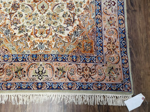 Vintage Persian Isfahan Lachak Toranj Rug, Highly Detailed, Kork Wool on Silk Foundation, Beige and Dark Blue, Hand-Knotted, 3'6" x 5' 4"