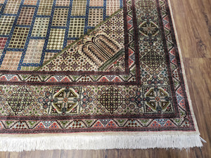Sino Persian Silk Rug 6.4 x 9.9, Very Fine Hand Knotted Carpet, Panel Design Multicolor, Silk Pile on Silk Foundation, Handmade Vintage