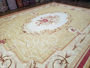 Aubusson Rug 10x13, Savonneire Carpet 10 x 13 ft, Handmade Vintage Flatweave Room Sized Wool Floral Aubusson, Cream/Tan Ivory Reds Pinks