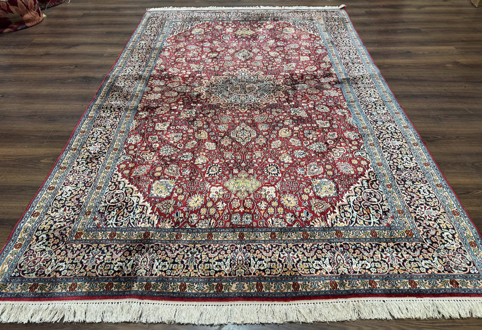 Indian Kashmiri Silk Rug 6x9, Red and Navy Blue, Floral Medallion, Fine 275 KPSI