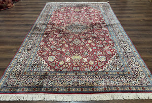 Indian Kashmiri Silk Rug 6x9, Red and Navy Blue, Floral Medallion, Fine 275 KPSI