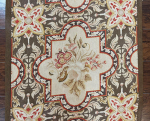 Needlepoint Runner Rug 2.8 x 9.8, Brown and Beige, Handwoven Handmade Floral French European Design, Vintage Flatweave 10ft Wool Runner Rug