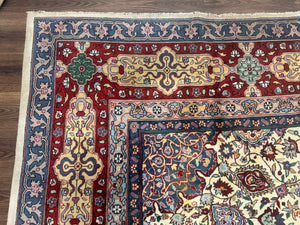 Persian Mashad Rug 10x16, Palace Size Handmade Wool Carpet, Cream Red, Floral Medallion, Vintage