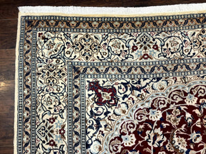Persian Nain Rug 8x11, Wool and Silk Highlights, Burgundy & Ivory