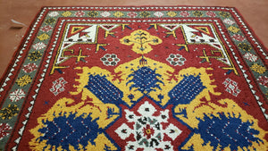 Colorful Moroccan Heriz Rug 6x9, Large Central Medallion, Red Yellow Blue
