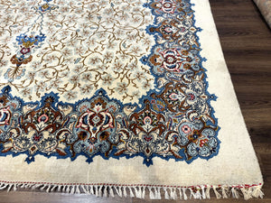 Persian Kashan Rug 9 x 12.6, Ivory and Blue, Floral Medallion, Wool Hand Knotted Semi Antique Carpet