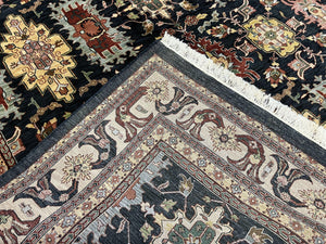 Indo Persian Mahal Rug 9x12, Dark Green and Cream Hand Knotted Wool Oriental Carpet, Floral Allover, Vintage Traditional Handmade Room Sized