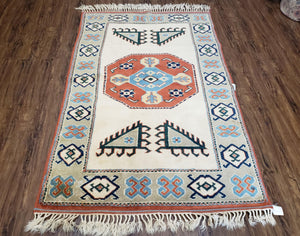 Vintage Turkish Rug 4x6, Beige Red Gray Carpet, Caucasian Design, Tribal Rug, Hand-Knotted, Boho Rug, Bohemian Home Decor