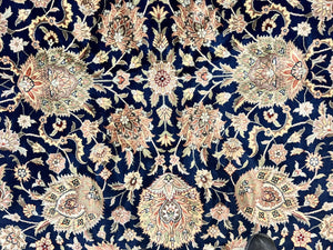 Sino Persian Rug 9x12, Wool Hand Knotted Vintage Oriental Carpet, Navy Blue Floral Allover, Traditional Room Sized 9 x 12 Rug