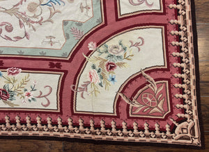 Needlepoint Rug 7.9 x 9, Beige Maroon Rose, Handmade Handwoven Flatweave Aubusson Savonnerie French European Elegant Carpet, Wool Rug