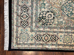 Pak Persian Kirman Rug 9x12, Panel Design Oriental Carpet 9 x 12 ft, Wool Hand Knotted Handmade Traditional Room Sized Vintage Rug, Green