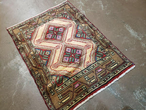 Small Persian Rug 2x3, Hand Knotted Handmade Wool Tribal Geometric Medallion Hamadan Carpet 2 x 3 ft Cream Red Camel Hair Color, Tiny Vintage Carpet
