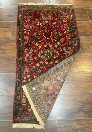 Small Persian Sarouk Rug 2x4, Floral, Red Hand Knotted Wool Traditional Oriental Carpet, Antique Persian Rug 2 x 4