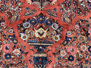 Persian Sarouk Rug 7x10, Red and Ivory, Floral Bouquets, Birds