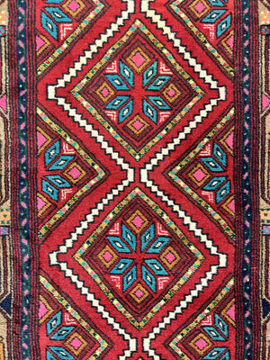 Persian Tribal Runner Rug 3x10, Red Camel Hair Navy Blue, Handmade Hand Knotted 10ft Wool Oriental Vintage Runner for Kitchen or Hallway, Persian Lilihan Hamadan Runner