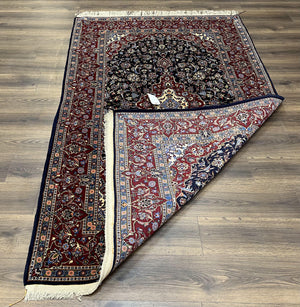 Dark Blue Persian Rug 5x8, Kork Wool Semi Antique Kashan Carpet, Very Fine Lachak Toranj Rug, Hand Knotted Floral Medallion Rug, 5 x 8 Oriental Rug