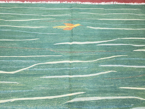 Green Turkish Kilim Rug, 6x9 - 7x10 Rugs, Bird, Handmade New Area Rug, Wool, Bohemian Boho Decor, Hand Woven, Modern Abstract Flat Weave Rug