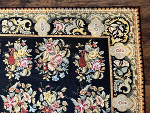 Palace Size Needlepoint Rug 12x16, Black and Colorful, Floral Panel, Handmade Oversized Wool Needlepoint Carpet, Rare