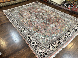 Indian Kashmiri Silk Rug 9x12, Vintage Rug 9 x 12 ft, Salmon Ivory Black Hand-Knotted Silk on Cotton Oriental Floral Carpet, Traditional Rug