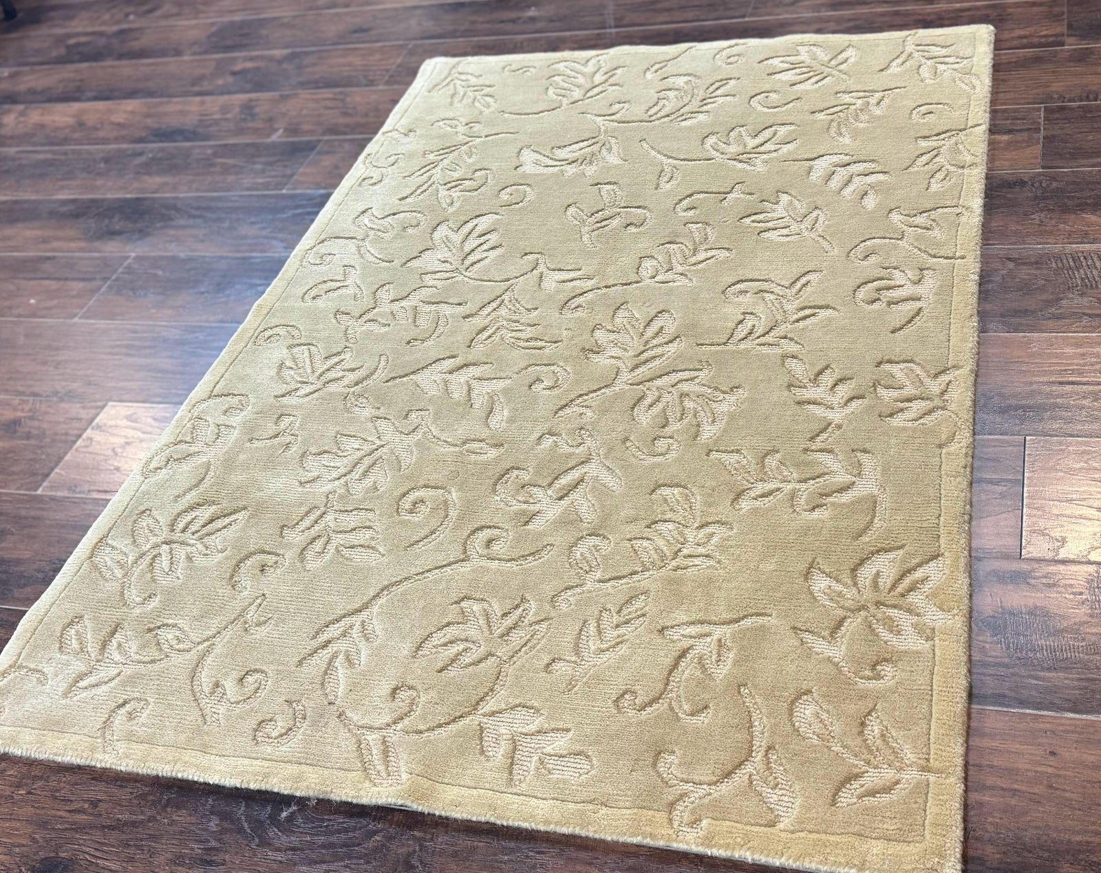 Modern Tibetan Rug 3.7 x 5.5, Carved Floral Design, Wool and Silk Highlights