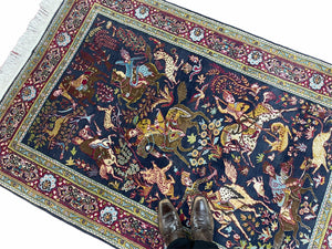 Indian Kashmiri Wool & Silk Rug 4x6 ft, Hunting Scene, Midnight Blue, Hand-Knotted, Archers, Swords, Horses, Vintage Antique Oriental Carpet