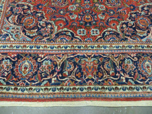 Persian Kashan Rug 4x7, Red and Navy Blue Semi Antique Vintage Wool Oriental Carpet, Hand Knotted Rug, Floral Medallion, High Quality Fine Carpet