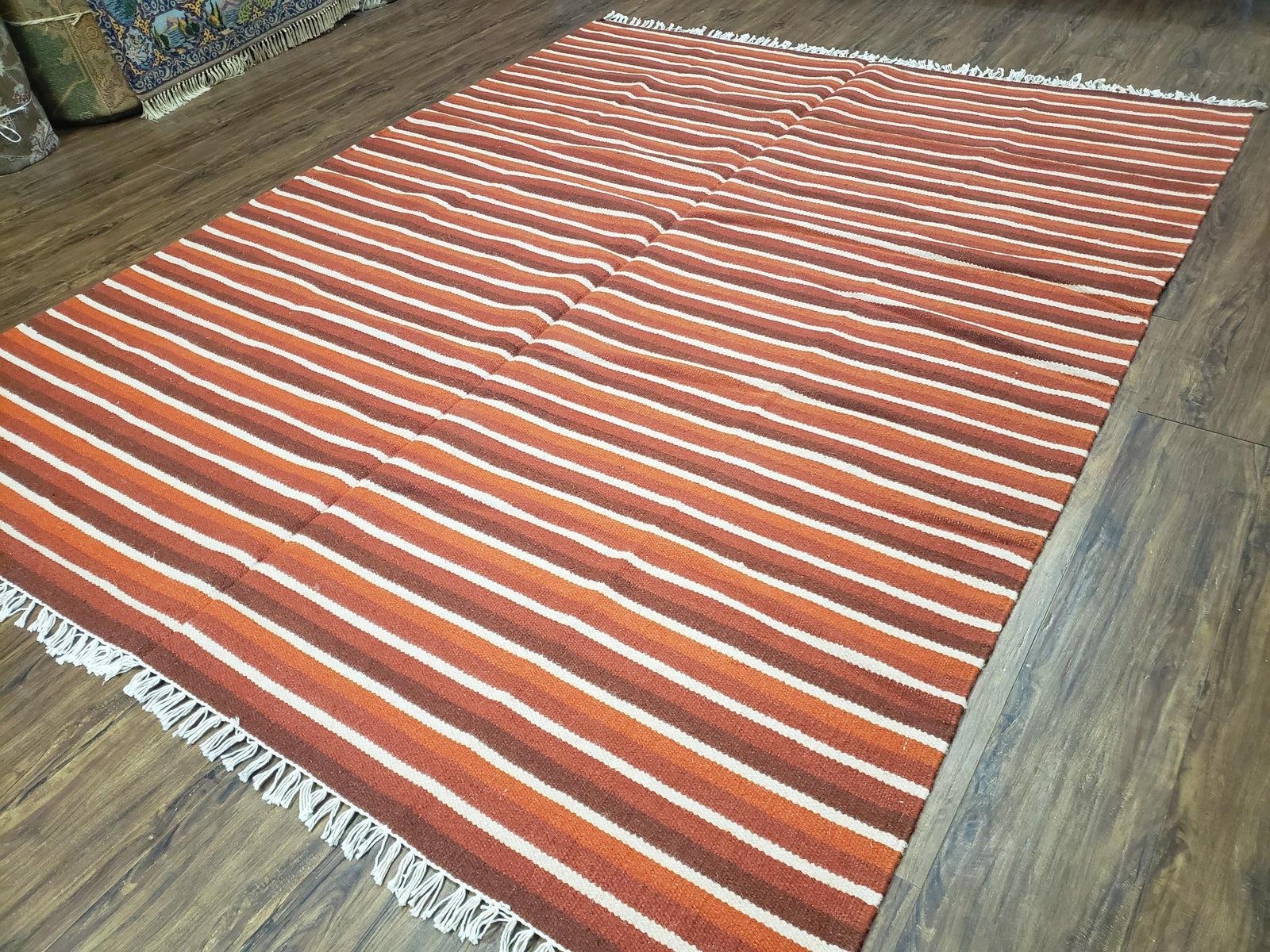 Large Striped Woolen Handmade Throw Blanket, Twin Size Bedding Hand-Woven, Indian Kilim Area Rug, 6x8 - 7x8, South American Style Textile