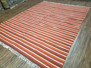 Large Striped Woolen Handmade Throw Blanket, Twin Size Bedding Hand-Woven, Indian Kilim Area Rug, 6x8 - 7x8, South American Style Textile