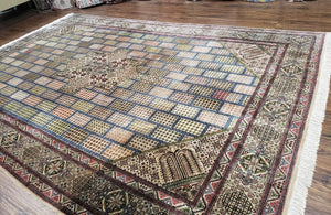 Sino Persian Silk Rug 6.4 x 9.9, Very Fine Hand Knotted Carpet, Panel Design Multicolor, Silk Pile on Silk Foundation, Handmade Vintage