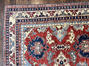 Turkish Heriz Rug 7x10, Wool Hand Knotted Handmade Room Sized Oriental Carpet, Red & Ivory, Vintage Geometric Oriental Rug 7 x 10 ft